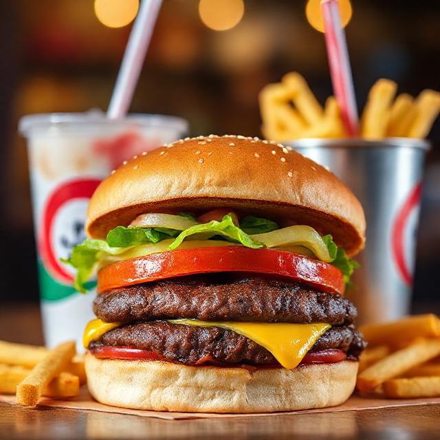 Hamburguesa jugosa con papas fritas